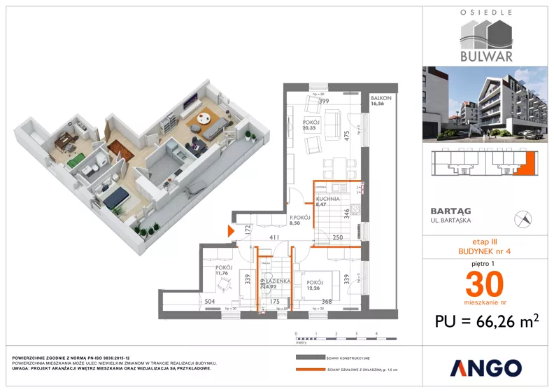 3 pokoje, mieszkanie 66,26 m², piętro 1, oferta nr 30, Osiedle Bulwar - budynek 4, Bartąg, ul. Bartąska