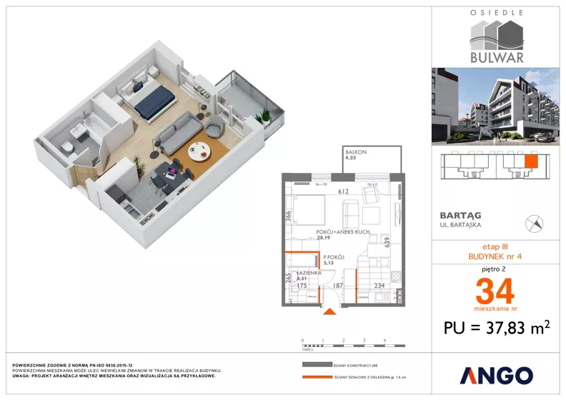 1 pokój, mieszkanie 37,83 m², piętro 2, oferta nr 34, Osiedle Bulwar - budynek 4, Bartąg, ul. Bartąska