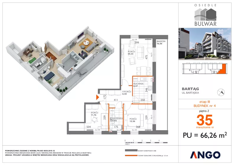 3 pokoje, mieszkanie 66,26 m², piętro 2, oferta nr 35, Osiedle Bulwar - budynek 4, Bartąg, ul. Bartąska