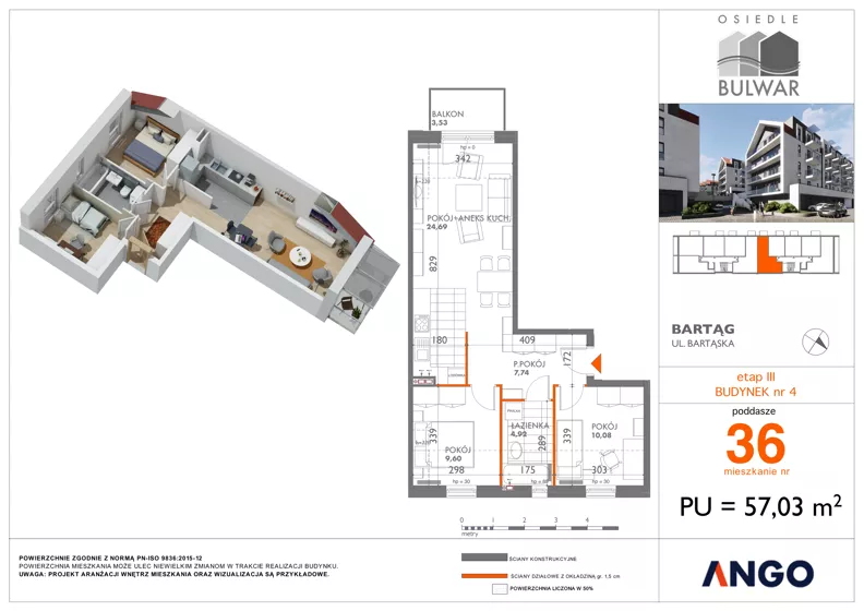3 pokoje, mieszkanie 57,03 m², piętro 3, oferta nr 36, Osiedle Bulwar - budynek 4, Bartąg, ul. Bartąska