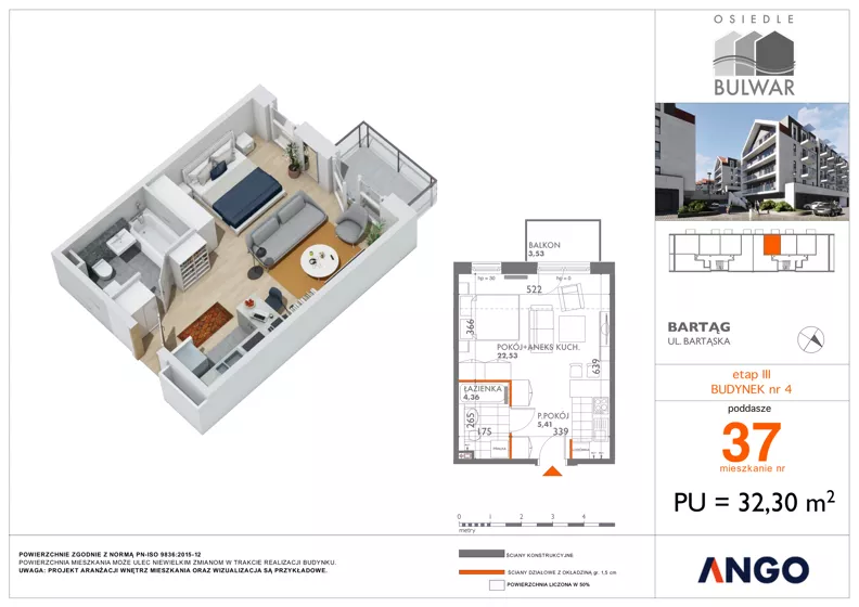 1 pokój, mieszkanie 32,30 m², piętro 3, oferta nr 37, Osiedle Bulwar - budynek 4, Bartąg, ul. Bartąska