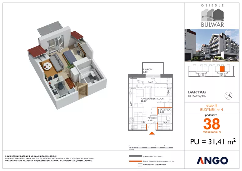 1 pokój, mieszkanie 31,41 m², piętro 3, oferta nr 38, Osiedle Bulwar - budynek 4, Bartąg, ul. Bartąska