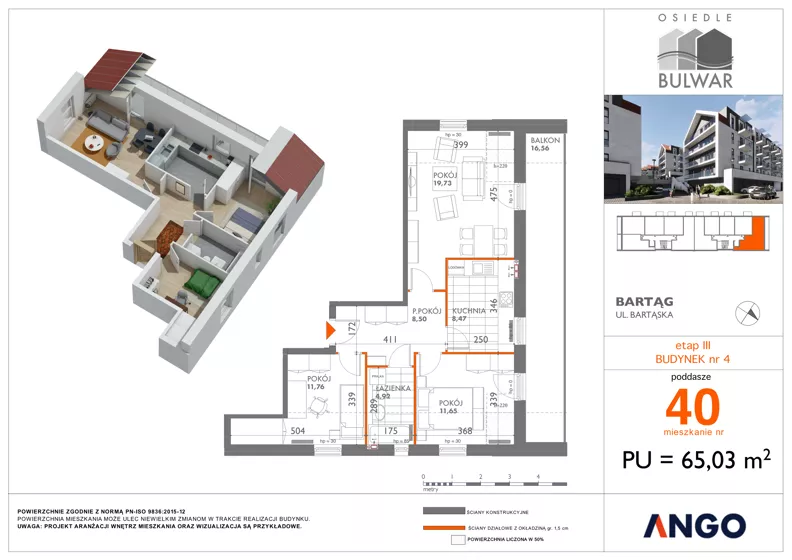 3 pokoje, mieszkanie 65,03 m², piętro 3, oferta nr 40, Osiedle Bulwar - budynek 4, Bartąg, ul. Bartąska