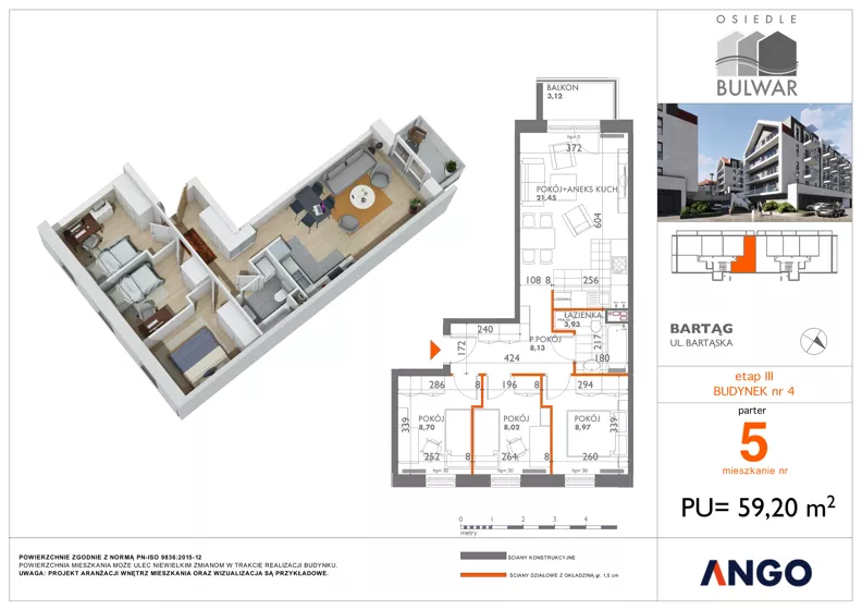 4 pokoje, mieszkanie 59,21 m², parter, oferta nr 5, Osiedle Bulwar - budynek 4, Bartąg, ul. Bartąska