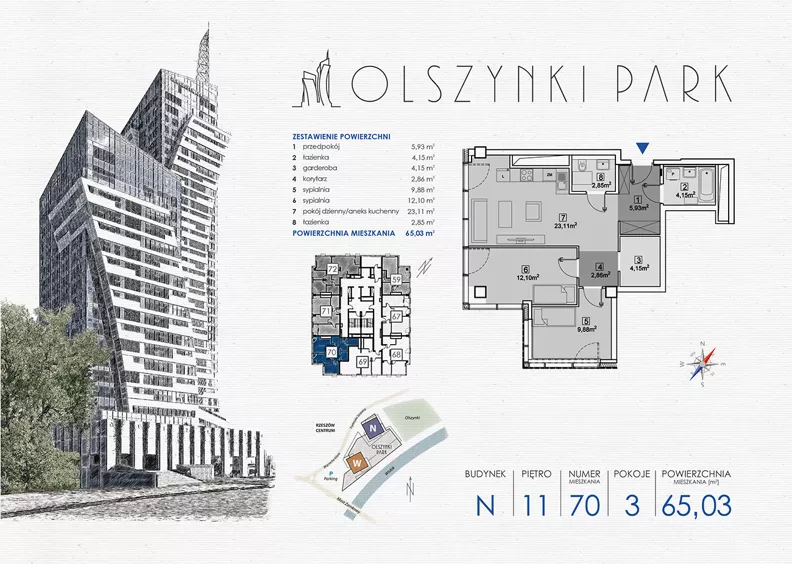 3 pokoje, apartament 65,93 m², piętro 11, oferta nr N70, Olszynki Park, Rzeszów, Śródmieście, ul. Szopena