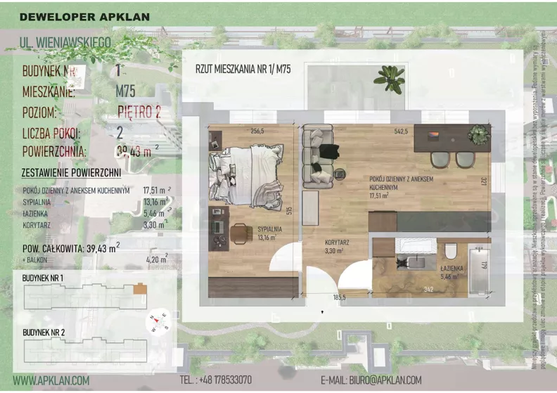 2 pokoje, mieszkanie 39,43 m², piętro 2, oferta nr 1/M75, Osiedle Wieniawskiego - etap V, Rzeszów, Słocina, ul. Wieniawskiego