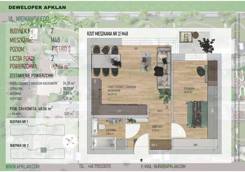 2 pokoje, mieszkanie 48,06 m², piętro 3, oferta nr 2/M48, Osiedle Wieniawskiego - etap V, Rzeszów, Słocina, ul. Wieniawskiego