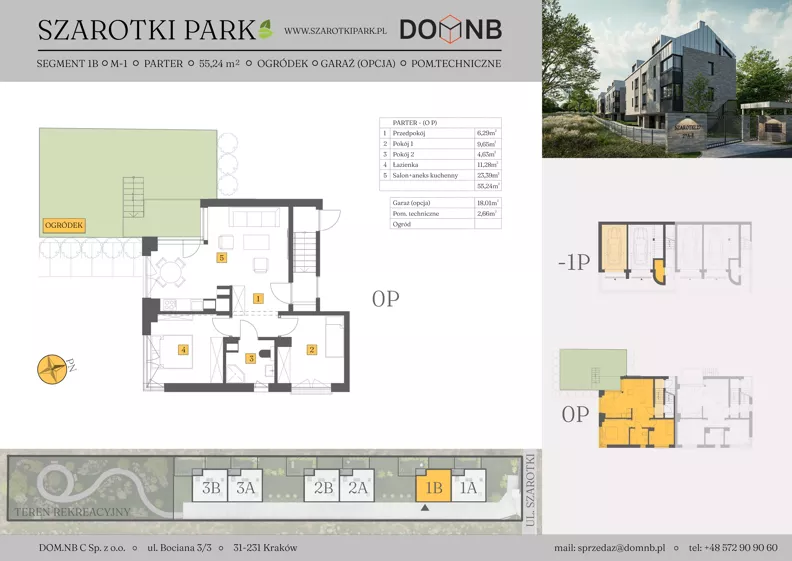 3 pokoje, mieszkanie 55,24 m², parter, oferta nr 1B-M1, Szarotki Park, Kraków, Prądnik Biały, Bronowice Wielkie, ul. Szarotki 27