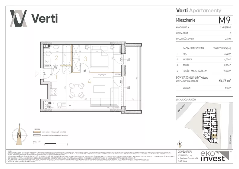 2 pokoje, mieszkanie 35,57 m², piętro 1, oferta nr M9, Apartamenty Verti, Radom, Ustronie, ul. Jana Pawła II / Wyścigowa