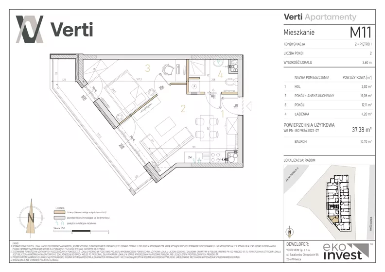 2 pokoje, mieszkanie 37,38 m², piętro 1, oferta nr M11, Apartamenty Verti, Radom, Ustronie, ul. Jana Pawła II / Wyścigowa
