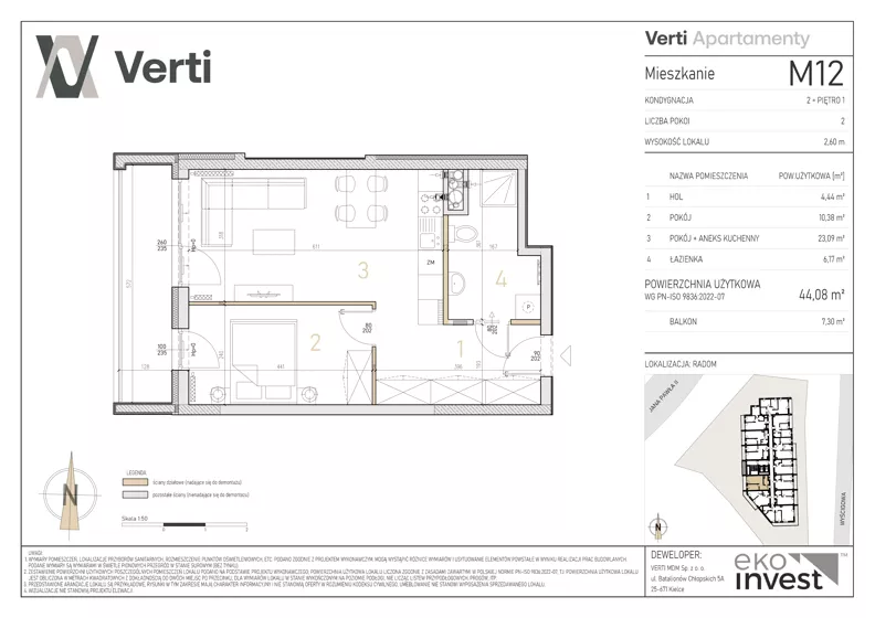 2 pokoje, mieszkanie 44,08 m², piętro 1, oferta nr M12, Apartamenty Verti, Radom, Ustronie, ul. Jana Pawła II / Wyścigowa