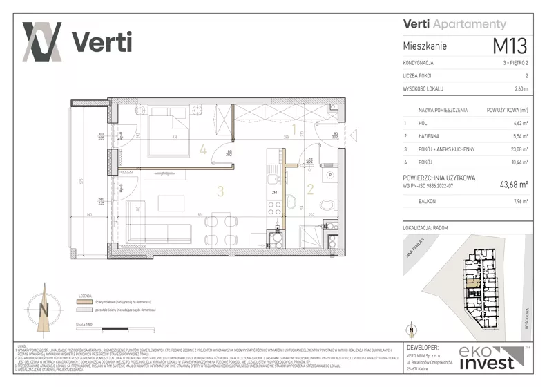 2 pokoje, mieszkanie 43,68 m², piętro 2, oferta nr M13, Apartamenty Verti, Radom, Ustronie, ul. Jana Pawła II / Wyścigowa