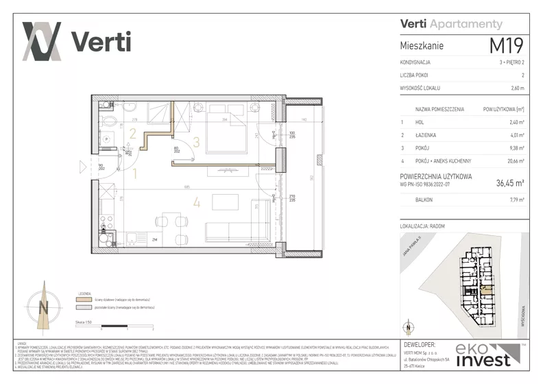2 pokoje, mieszkanie 36,45 m², piętro 2, oferta nr M19, Apartamenty Verti, Radom, Ustronie, ul. Jana Pawła II / Wyścigowa