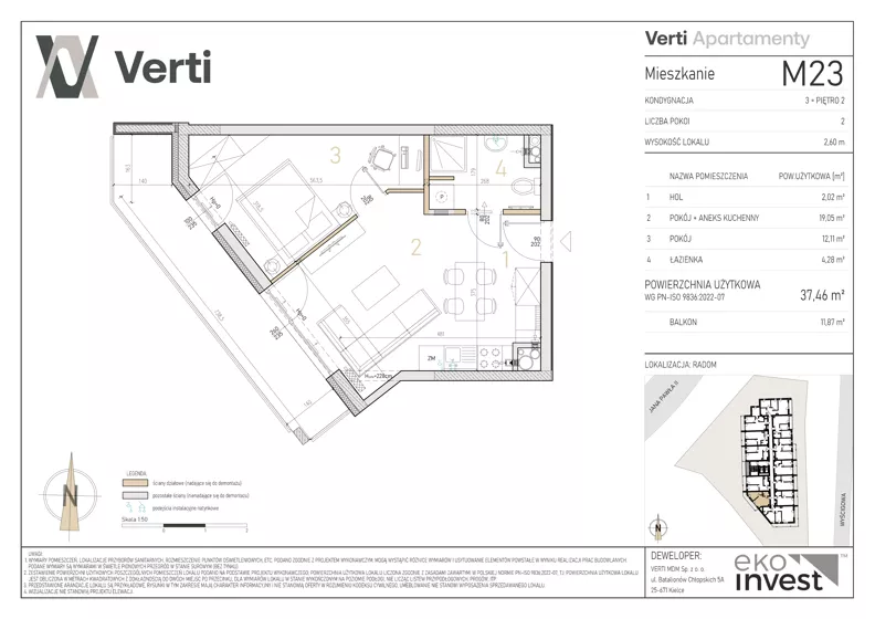 2 pokoje, mieszkanie 37,46 m², piętro 2, oferta nr M23, Apartamenty Verti, Radom, Ustronie, ul. Jana Pawła II / Wyścigowa