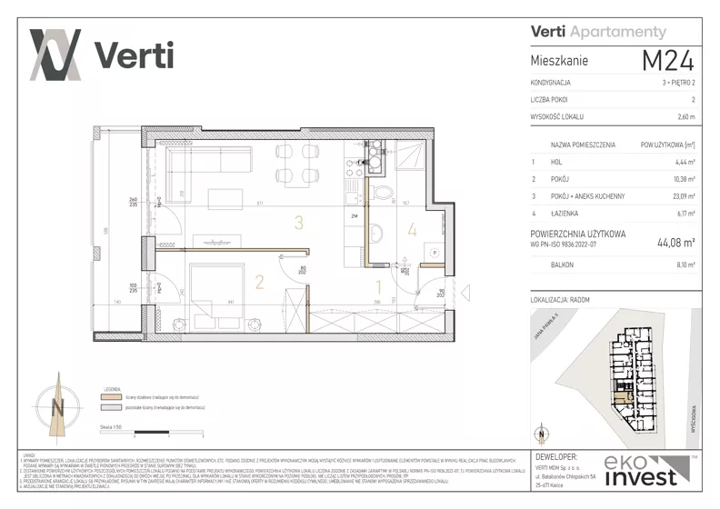 2 pokoje, mieszkanie 44,08 m², piętro 2, oferta nr M24, Apartamenty Verti, Radom, Ustronie, ul. Jana Pawła II / Wyścigowa