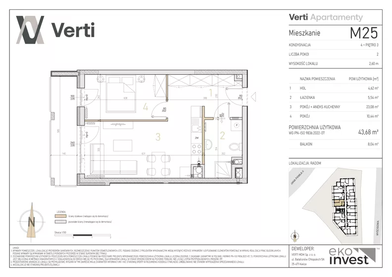 2 pokoje, mieszkanie 43,68 m², piętro 3, oferta nr M25, Apartamenty Verti, Radom, Ustronie, ul. Jana Pawła II / Wyścigowa