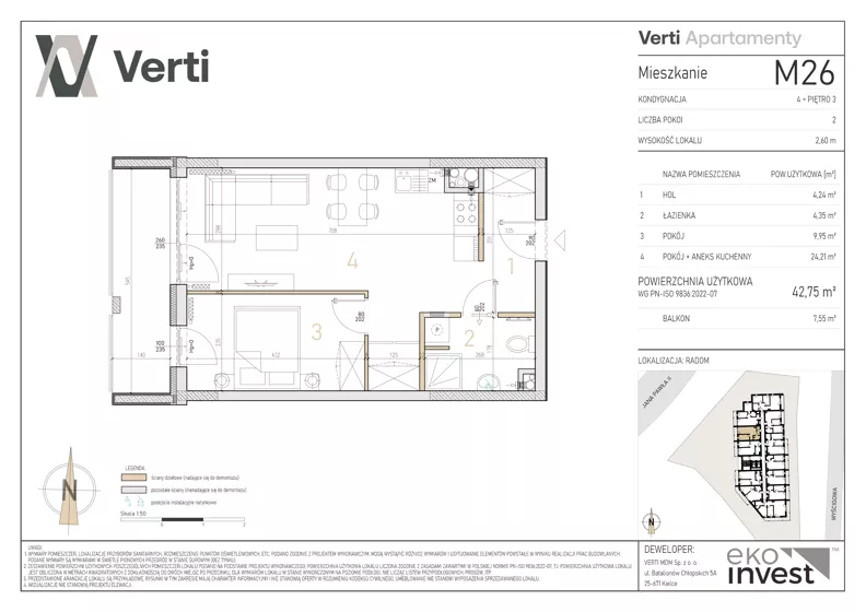 2 pokoje, mieszkanie 42,75 m², piętro 3, oferta nr M26, Apartamenty Verti, Radom, Ustronie, ul. Jana Pawła II / Wyścigowa