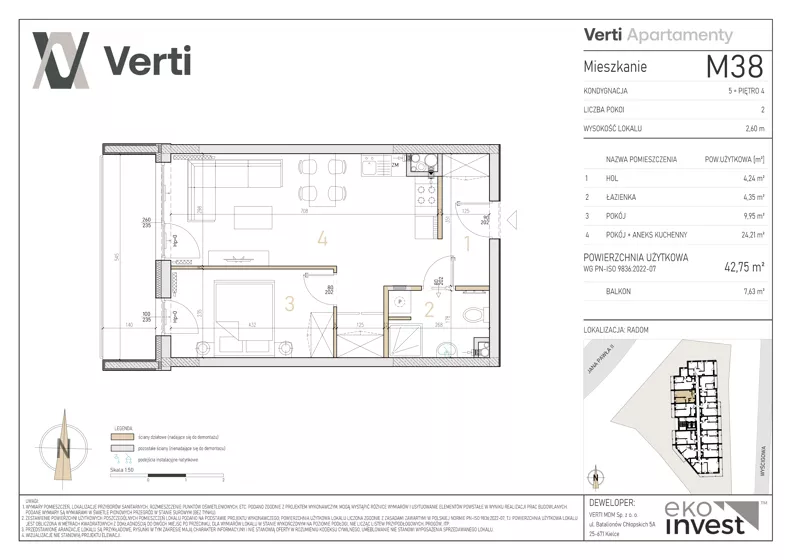 2 pokoje, mieszkanie 42,75 m², piętro 4, oferta nr M38, Apartamenty Verti, Radom, Ustronie, ul. Jana Pawła II / Wyścigowa