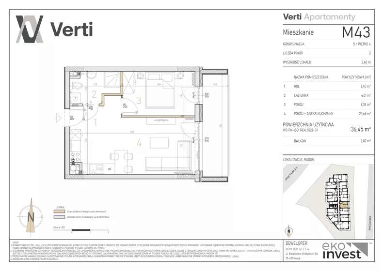 2 pokoje, mieszkanie 36,45 m², piętro 4, oferta nr M43, Apartamenty Verti, Radom, Ustronie, ul. Jana Pawła II / Wyścigowa