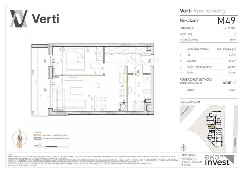 2 pokoje, mieszkanie 43,68 m², piętro 5, oferta nr M49, Apartamenty Verti, Radom, Ustronie, ul. Jana Pawła II / Wyścigowa