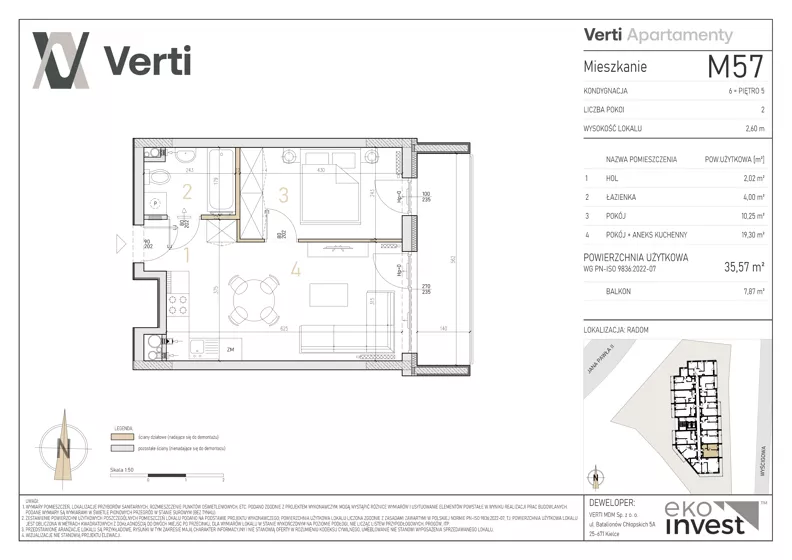 2 pokoje, mieszkanie 35,57 m², piętro 5, oferta nr M57, Apartamenty Verti, Radom, Ustronie, ul. Jana Pawła II / Wyścigowa