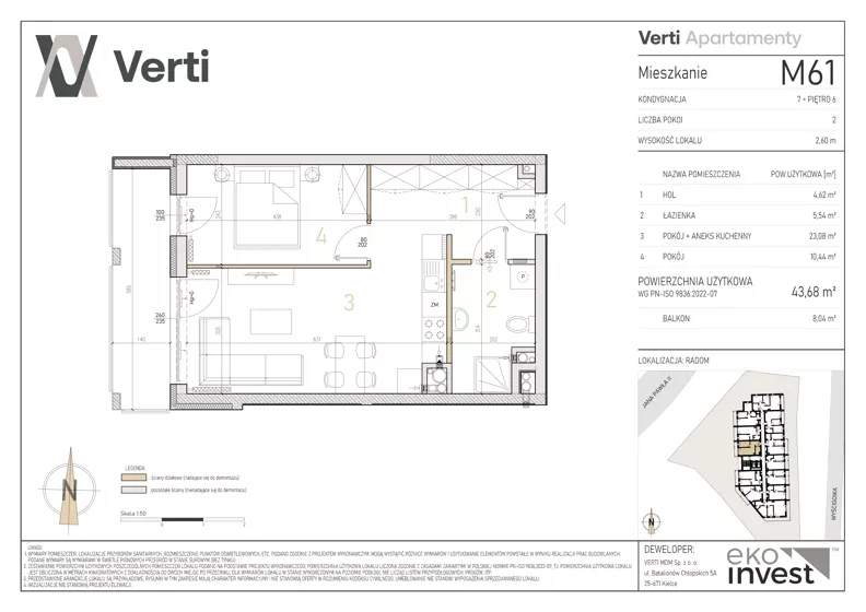 2 pokoje, mieszkanie 43,68 m², piętro 6, oferta nr M61, Apartamenty Verti, Radom, Ustronie, ul. Jana Pawła II / Wyścigowa