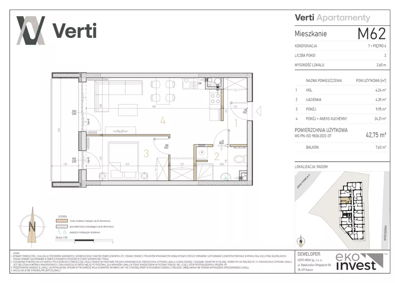 2 pokoje, mieszkanie 42,75 m², piętro 6, oferta nr M62, Apartamenty Verti, Radom, Ustronie, ul. Jana Pawła II / Wyścigowa