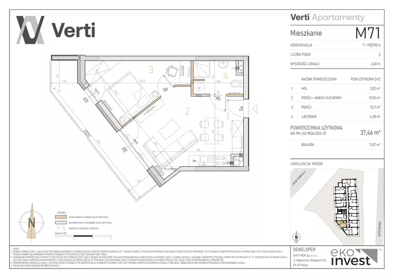 2 pokoje, mieszkanie 37,46 m², piętro 6, oferta nr M71, Apartamenty Verti, Radom, Ustronie, ul. Jana Pawła II / Wyścigowa