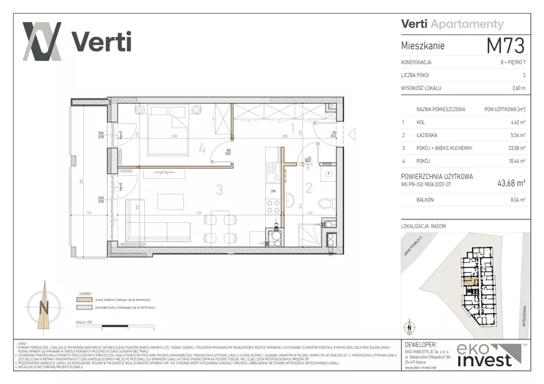 2 pokoje, mieszkanie 43,68 m², piętro 7, oferta nr M73, Apartamenty Verti, Radom, Ustronie, ul. Jana Pawła II / Wyścigowa