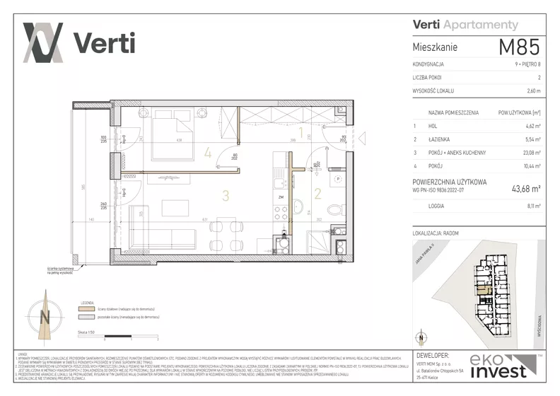 2 pokoje, mieszkanie 43,68 m², piętro 8, oferta nr M85, Apartamenty Verti, Radom, Ustronie, ul. Jana Pawła II / Wyścigowa