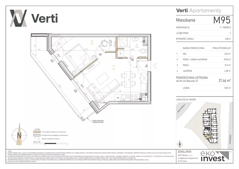 2 pokoje, mieszkanie 37,46 m², piętro 8, oferta nr M95, Apartamenty Verti, Radom, Ustronie, ul. Jana Pawła II / Wyścigowa