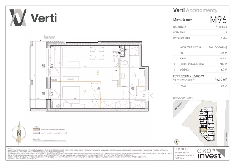 2 pokoje, mieszkanie 44,08 m², piętro 8, oferta nr M96, Apartamenty Verti, Radom, Ustronie, ul. Jana Pawła II / Wyścigowa