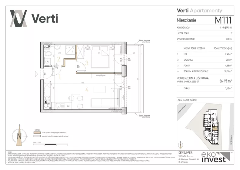 2 pokoje, mieszkanie 36,45 m², piętro 10, oferta nr M111, Apartamenty Verti, Radom, Ustronie, ul. Jana Pawła II / Wyścigowa