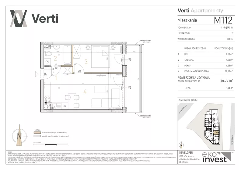 2 pokoje, mieszkanie 36,55 m², piętro 10, oferta nr M112, Apartamenty Verti, Radom, Ustronie, ul. Jana Pawła II / Wyścigowa