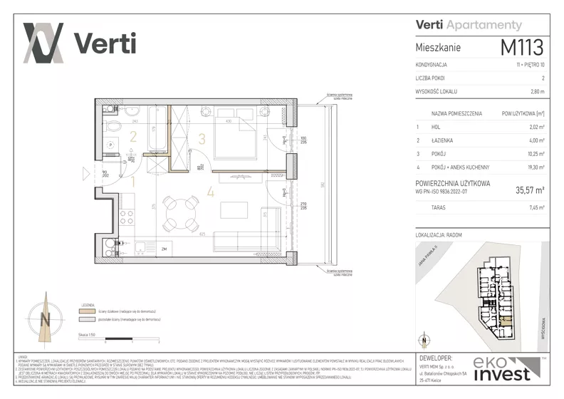 2 pokoje, mieszkanie 35,57 m², piętro 10, oferta nr M113, Apartamenty Verti, Radom, Ustronie, ul. Jana Pawła II / Wyścigowa
