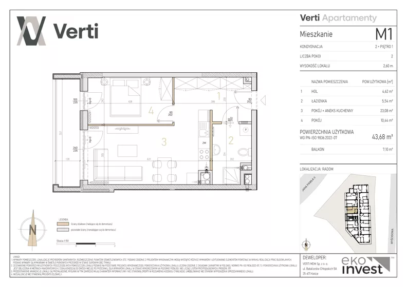 2 pokoje, mieszkanie 43,68 m², piętro 1, oferta nr M1, Apartamenty Verti, Radom, Ustronie, ul. Jana Pawła II / Wyścigowa