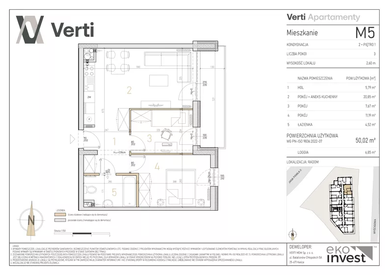 3 pokoje, mieszkanie 50,02 m², piętro 1, oferta nr M5, Apartamenty Verti, Radom, Ustronie, ul. Jana Pawła II / Wyścigowa