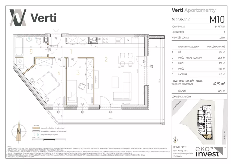 3 pokoje, mieszkanie 62,92 m², piętro 1, oferta nr M10, Apartamenty Verti, Radom, Ustronie, ul. Jana Pawła II / Wyścigowa