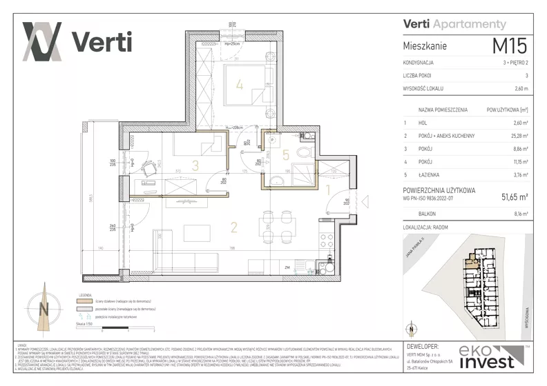 3 pokoje, mieszkanie 51,65 m², piętro 2, oferta nr M15, Apartamenty Verti, Radom, Ustronie, ul. Jana Pawła II / Wyścigowa