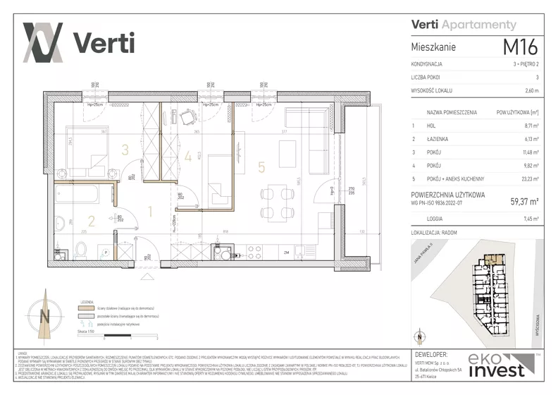 3 pokoje, mieszkanie 59,37 m², piętro 2, oferta nr M16, Apartamenty Verti, Radom, Ustronie, ul. Jana Pawła II / Wyścigowa