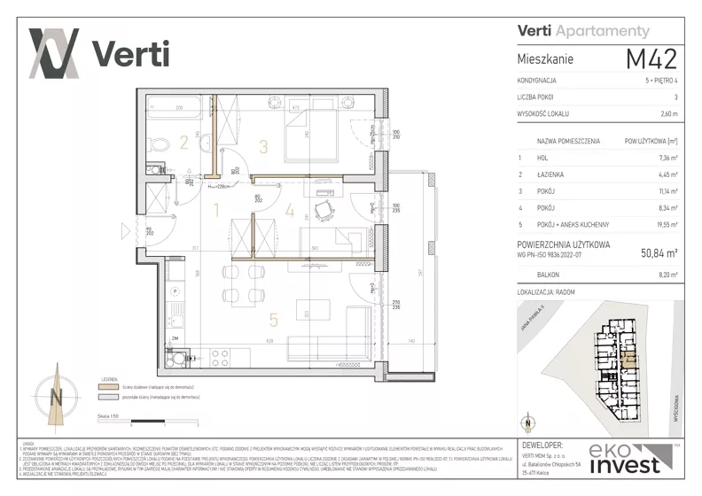 3 pokoje, mieszkanie 50,84 m², piętro 4, oferta nr M42, Apartamenty Verti, Radom, Ustronie, ul. Jana Pawła II / Wyścigowa