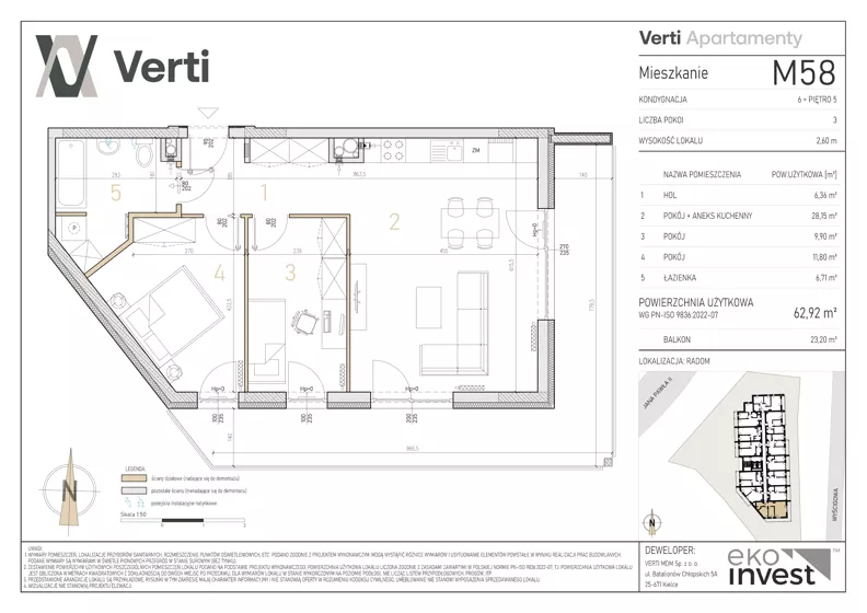 3 pokoje, mieszkanie 62,92 m², piętro 5, oferta nr M58, Apartamenty Verti, Radom, Ustronie, ul. Jana Pawła II / Wyścigowa