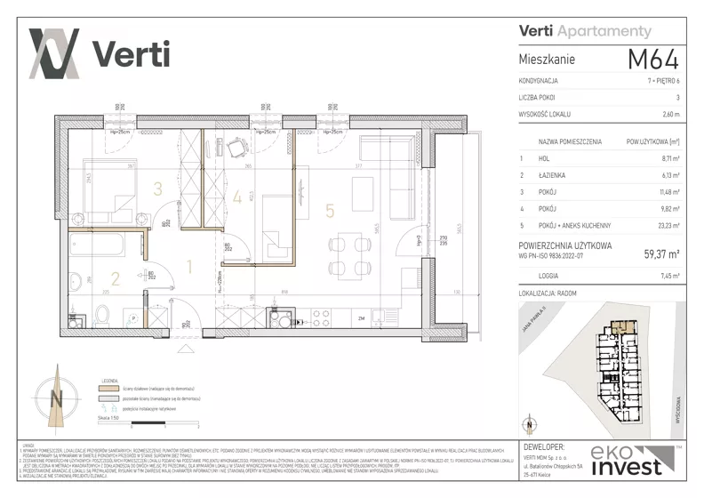 3 pokoje, mieszkanie 59,37 m², piętro 6, oferta nr M64, Apartamenty Verti, Radom, Ustronie, ul. Jana Pawła II / Wyścigowa