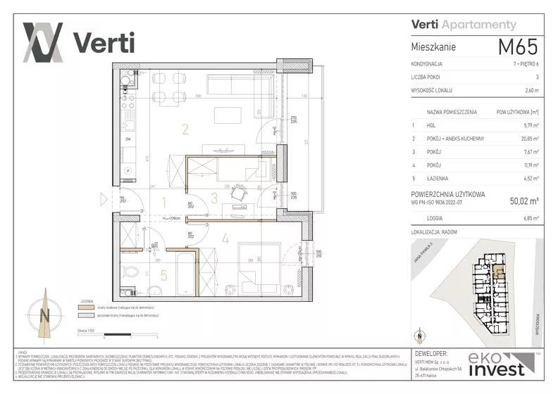 3 pokoje, mieszkanie 50,02 m², piętro 6, oferta nr M65, Apartamenty Verti, Radom, Ustronie, ul. Jana Pawła II / Wyścigowa