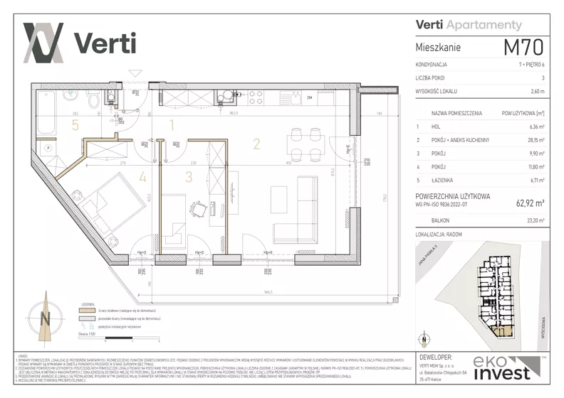 3 pokoje, mieszkanie 62,92 m², piętro 6, oferta nr M70, Apartamenty Verti, Radom, Ustronie, ul. Jana Pawła II / Wyścigowa