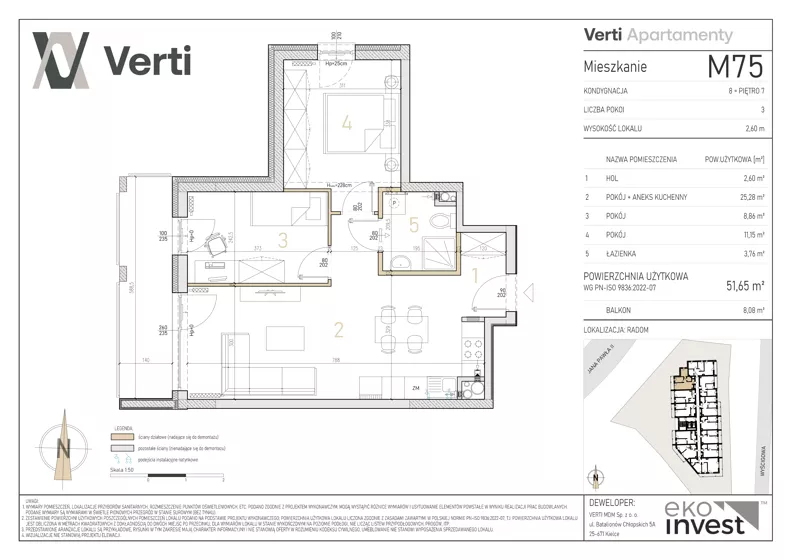 3 pokoje, mieszkanie 51,65 m², piętro 7, oferta nr M75, Apartamenty Verti, Radom, Ustronie, ul. Jana Pawła II / Wyścigowa