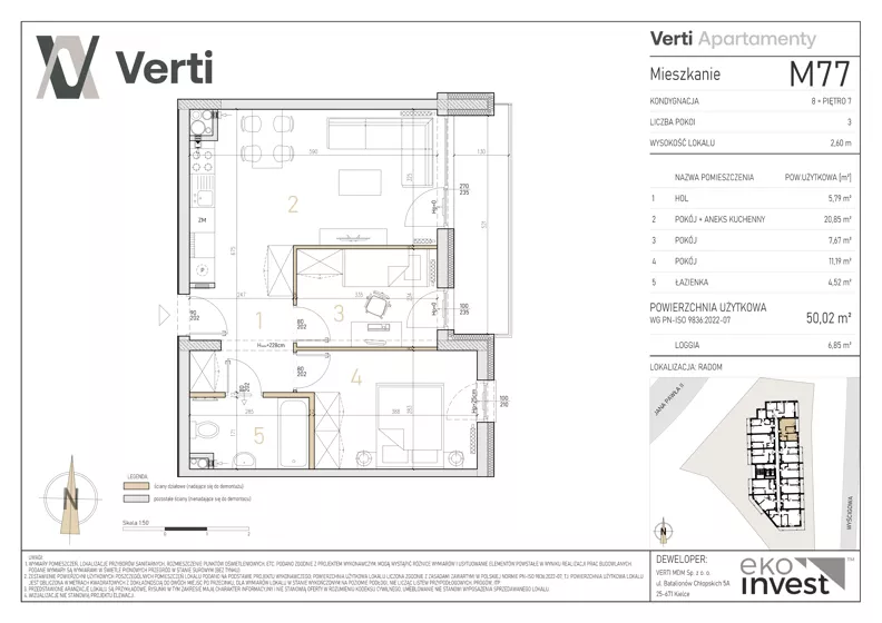 3 pokoje, mieszkanie 50,02 m², piętro 7, oferta nr M77, Apartamenty Verti, Radom, Ustronie, ul. Jana Pawła II / Wyścigowa