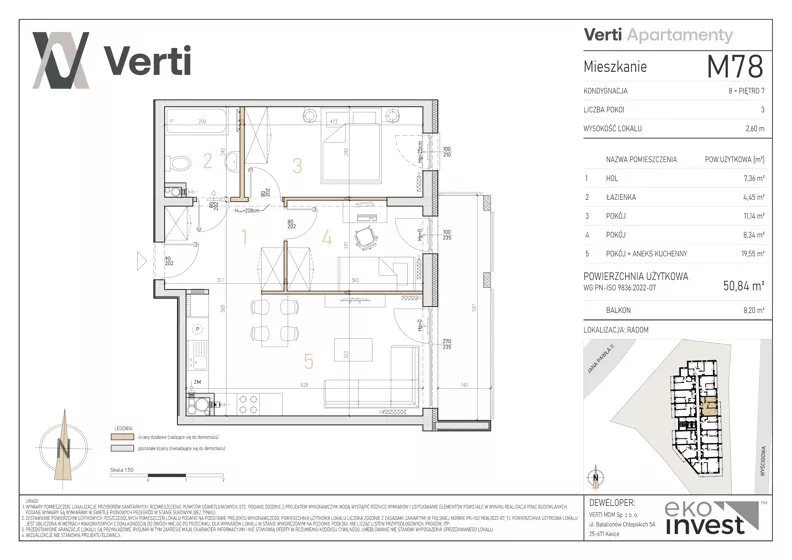 3 pokoje, mieszkanie 50,84 m², piętro 7, oferta nr M78, Apartamenty Verti, Radom, Ustronie, ul. Jana Pawła II / Wyścigowa
