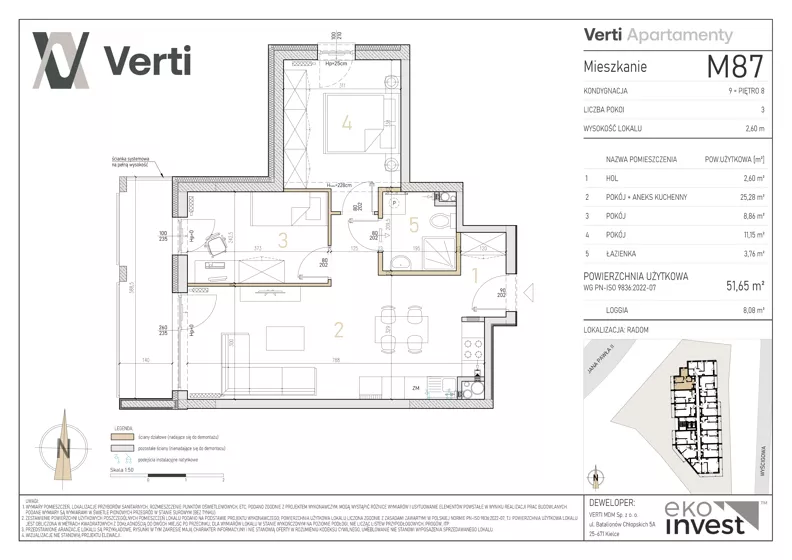 3 pokoje, mieszkanie 51,65 m², piętro 8, oferta nr M87, Apartamenty Verti, Radom, Ustronie, ul. Jana Pawła II / Wyścigowa