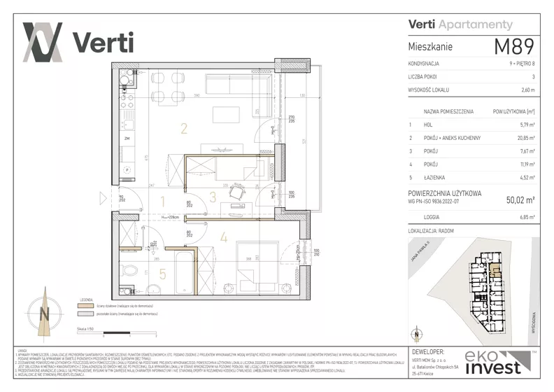 3 pokoje, mieszkanie 50,02 m², piętro 8, oferta nr M89, Apartamenty Verti, Radom, Ustronie, ul. Jana Pawła II / Wyścigowa